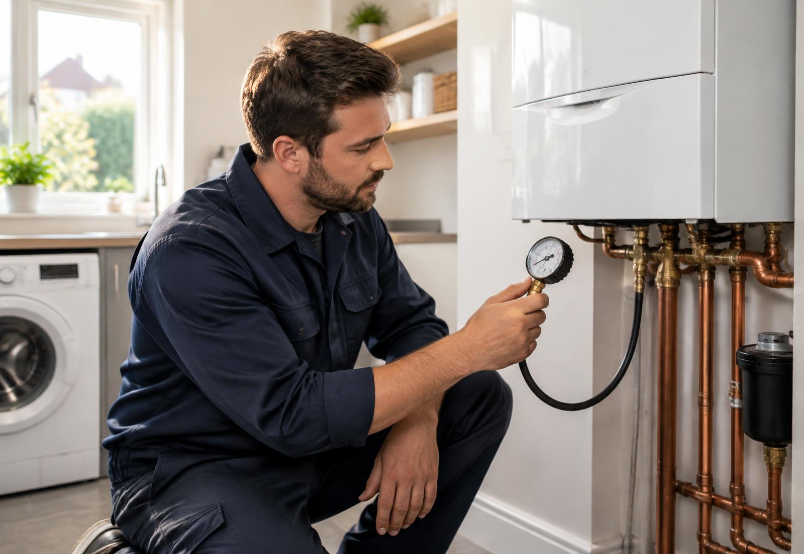 Gas Safe engineer checking the pressure on a modern combi boiler